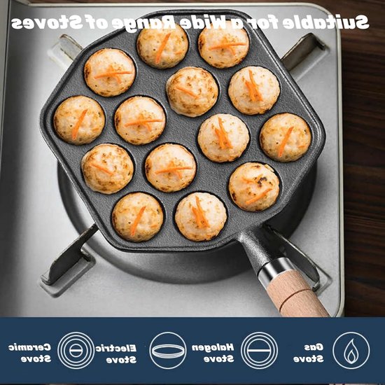 Takoyaki Pan met 14 Holes - Ideaal voor Takoyaki, Aebleskiver en Poffertjes - Gietijzeren Grillpan met Afneembare Handgreep van Merkloos — afbeelding 4