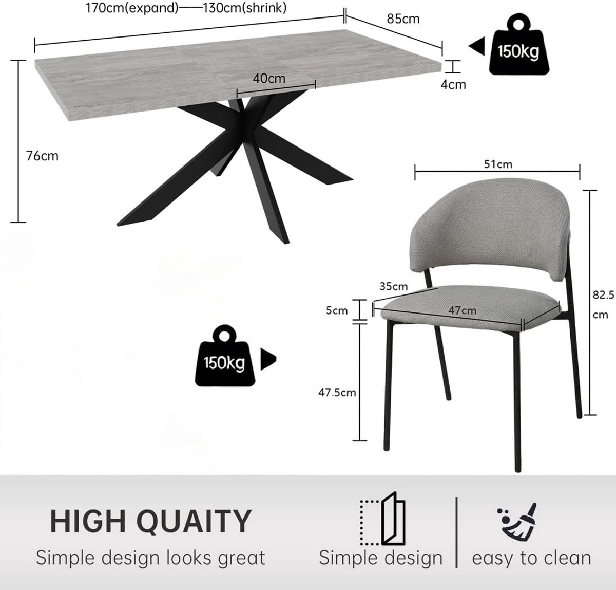 LYON Uitschuifbare Eettafel Set met 6 Grijze Luxe Stoelen - Modern Industrieel Design - Grijs Betonlook & Zwarte Spinpoot - 130-170 x 85 x 76 cm