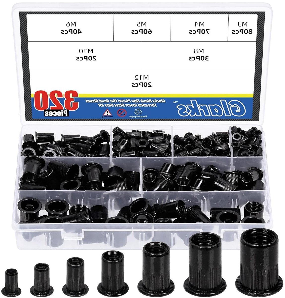 320-delige Metrische Rivet Nuts Set - M3 tot M12, Zwarte Verzinkte Carbon Staal, Plat Hoofd, Schroefinvoerset, Assortiment voor Bevestiging en Montage
