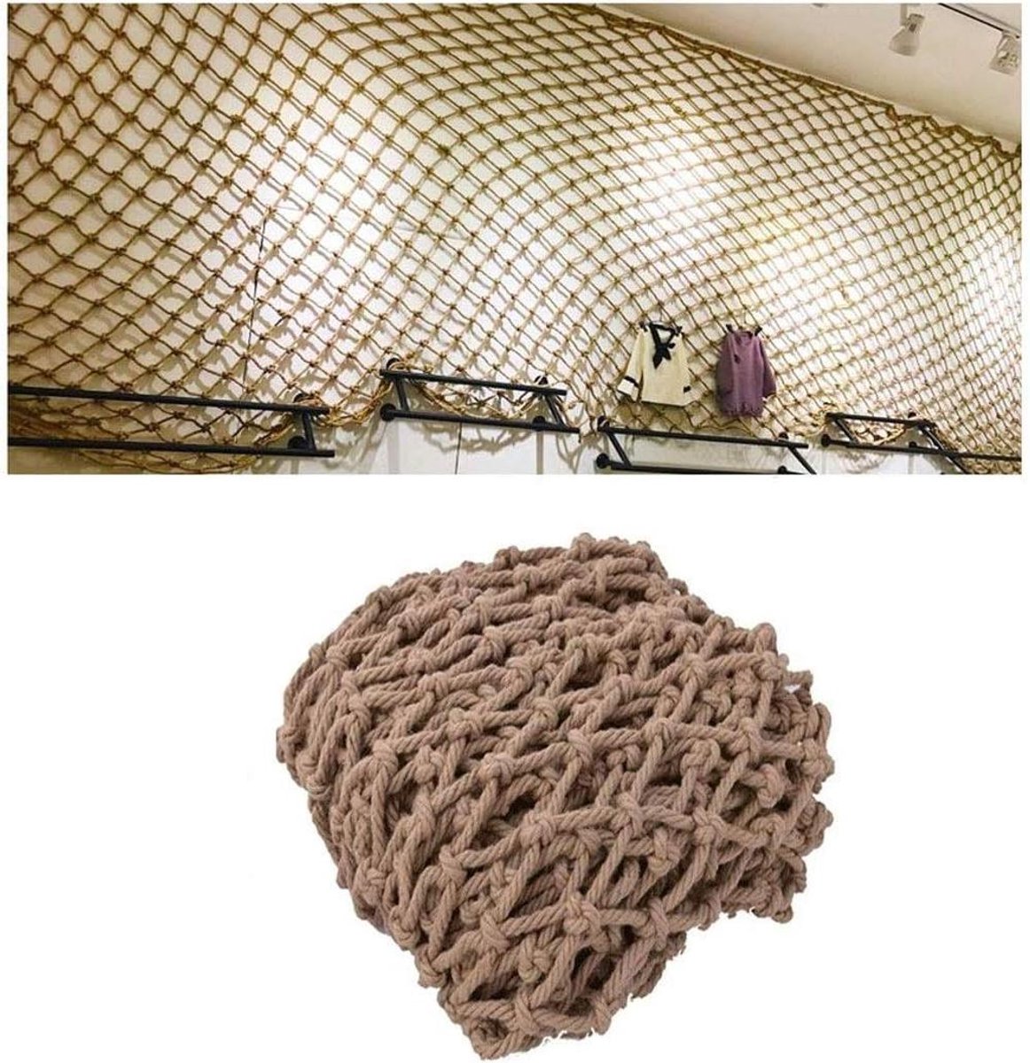 Henneptouw Veiligheidsnet - Decoratief Scheidingsnet - Kinderbeveiliging Trap - Handgeweven Gaas - 10cm Maaswijdte - Natuurlijk