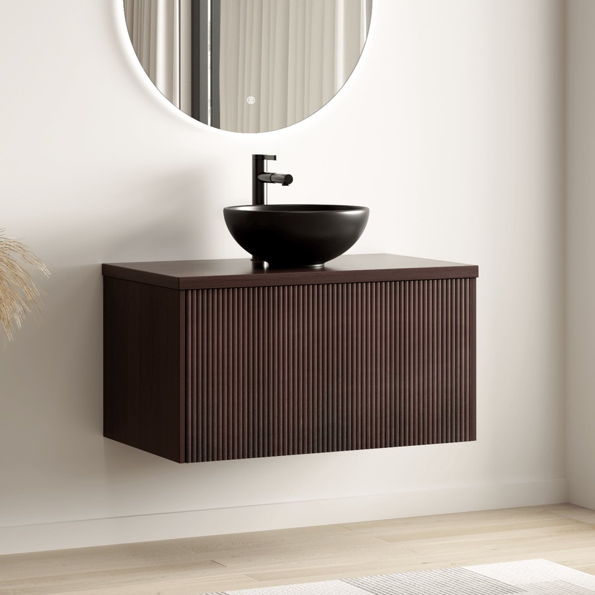 LOMAZOO Badkamermeubel Walnoot Geribbeld 80cm - Waskom Zwart Opbouw - Onderkast - Wastafelmeubel - Wastafelkast Zwevend [MESSINA]