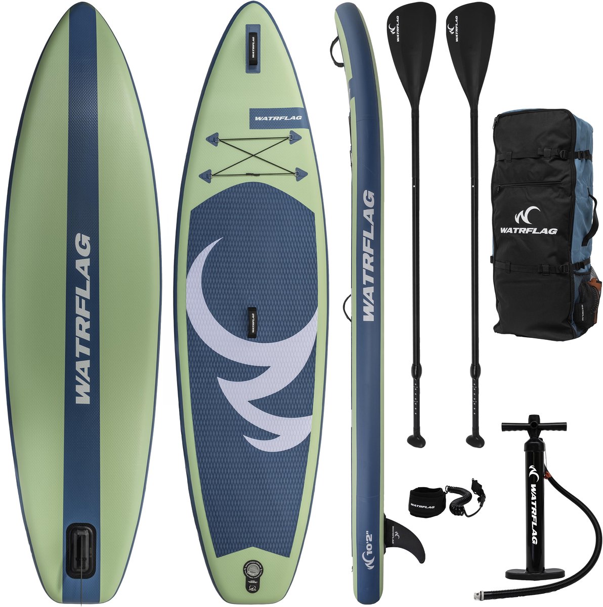 Watrflag Spinner Green SUP Board 10'2'' Set - 310 cm - Allround Opblaasbaar Stand Up Paddle Board met peddel, pomp, luxe rugzak 310