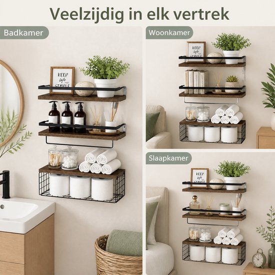 Drie houten wandplanken met zwarte metalen randen, ingericht als badkamer, woonkamer en slaapkamer.
