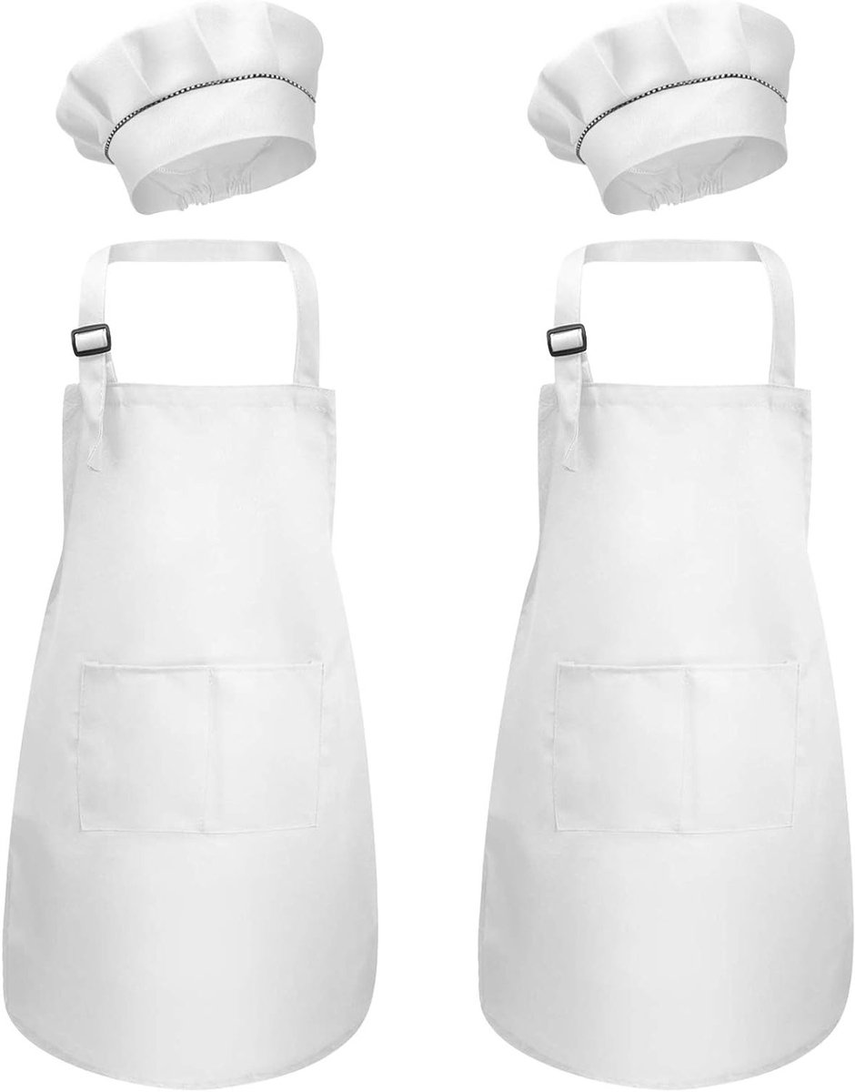 Set van 4 Kinderschorten en Kookmutsen voor de Keuken - Schorten met Zakjes voor Jongens en Meisjes, Ideaal voor Koken, Bakken en Creatieve Activiteiten