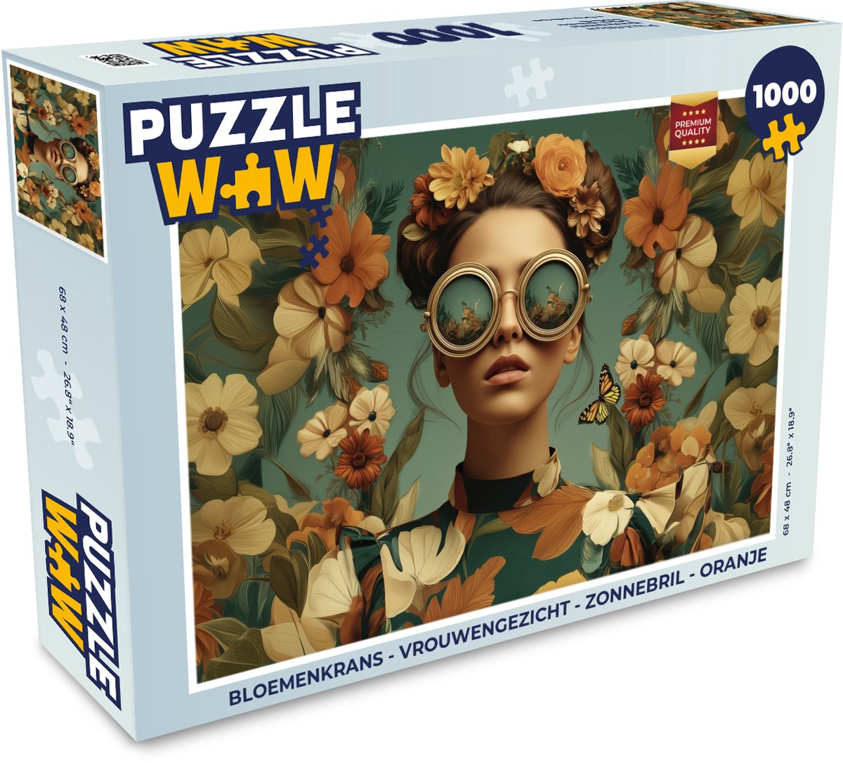 Puzzel Bloemenkrans - Vrouwengezicht - Zonnebril - Oranje - Legpuzzel - Puzzel 1000 stukjes volwassenen