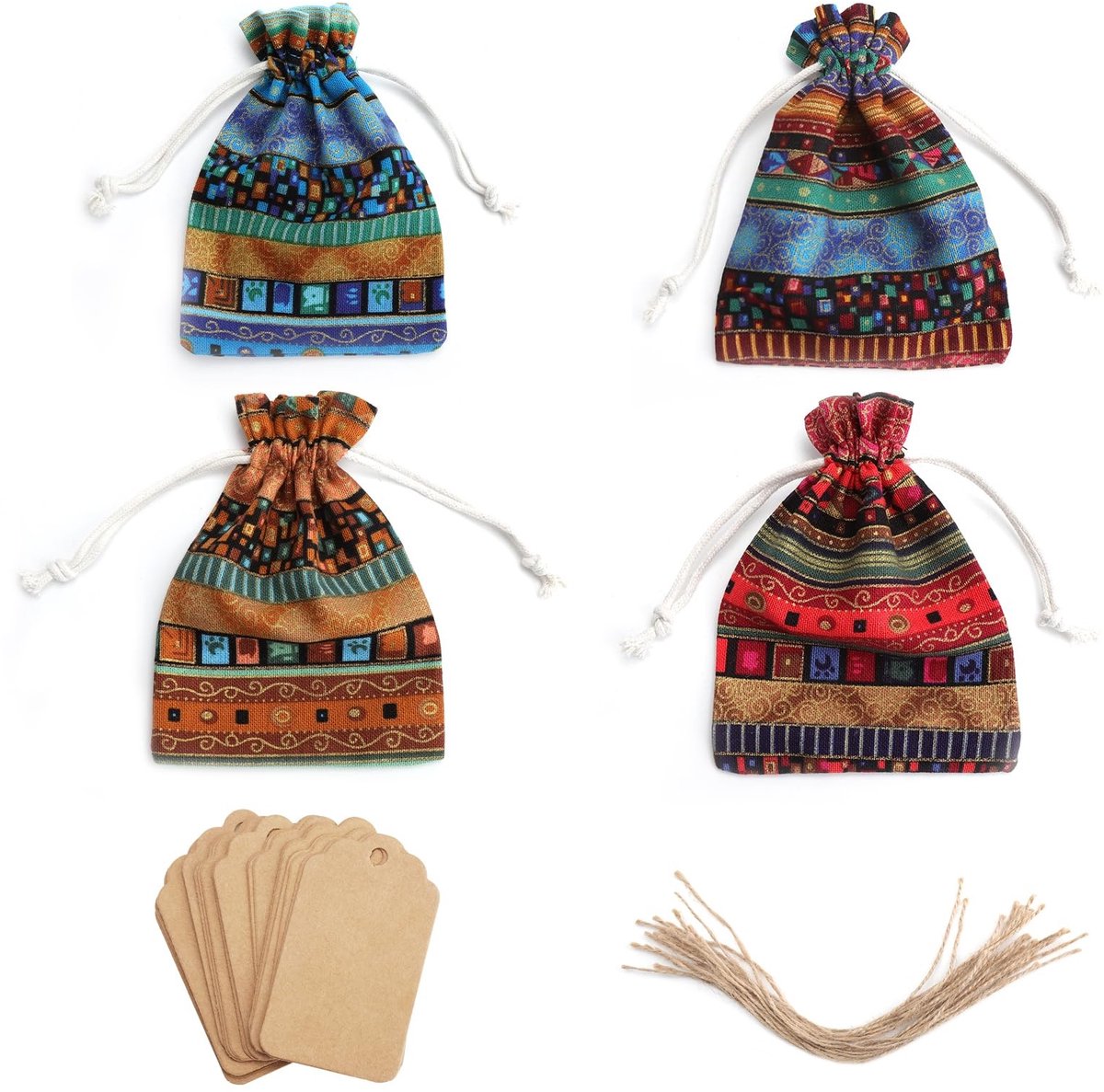 Dailygoods- Jute Zakjes 24 Stuks - 10 x 14 cm - Cadeauzakjes met Trekkoord - Kleine Stoffen Zakjes - Etnische Stijl - Met Labels en Koord
