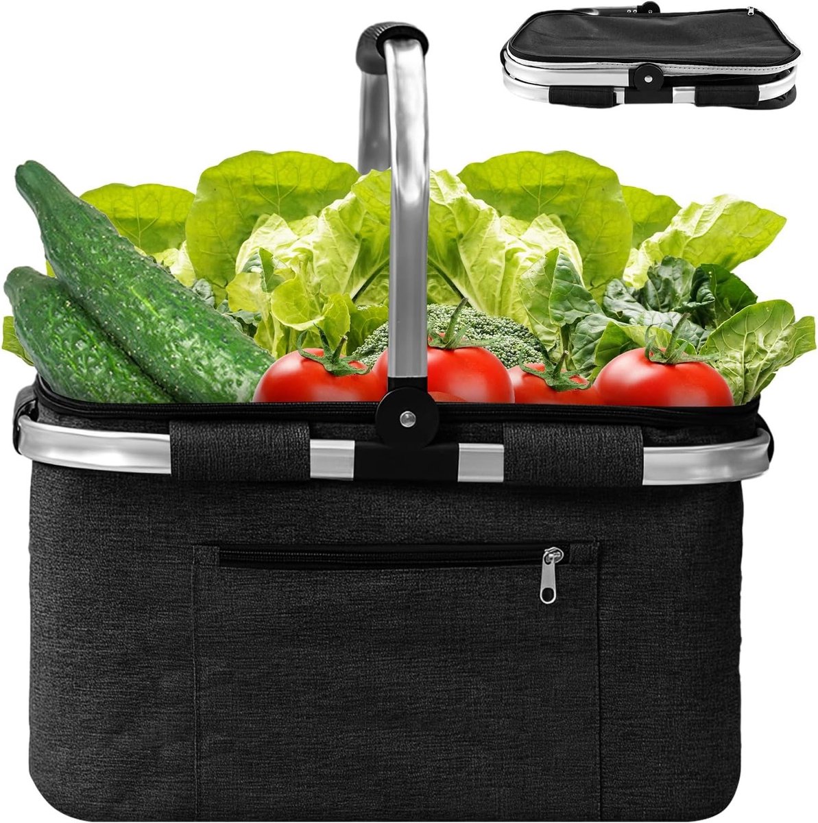 Vouwbare Koeltas voor 33 Liter, Grote Picknickmand met Deksel en Aluminium Handvat, Ideaal voor Boodschappen, Kamperen en Picknicken