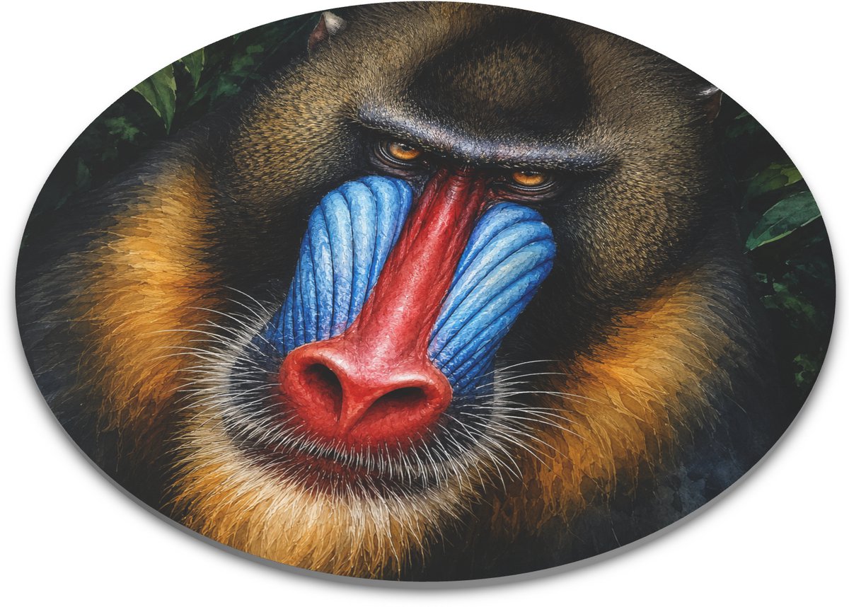 Ronde muismat met mandril - Stoere en kleurrijke mandril aap in aquarel kunst - Opvallende bureauonderlegger en muismat rond voor een unieke werkplek