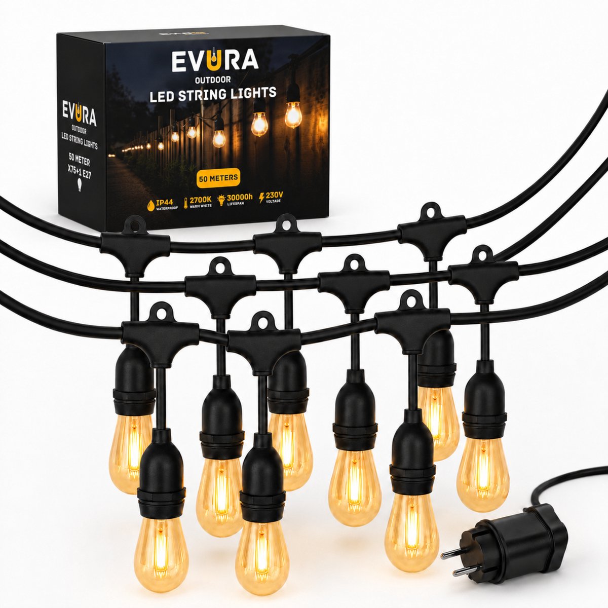 Evura Goods Lichtsnoer – 50 Meter – 75 Lampen – Waterdicht – Warm Wit – Verlengbaar