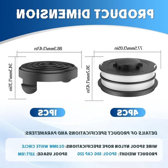 4 Stuks Grastrimmer Spoel Vervangingsdraad voor Diverse Modellen, Diameter 2 mm, 10 m Lengte met Spoelcover, Geschikt voor Tuinonderhoud en Grasmaaien — afbeelding 5