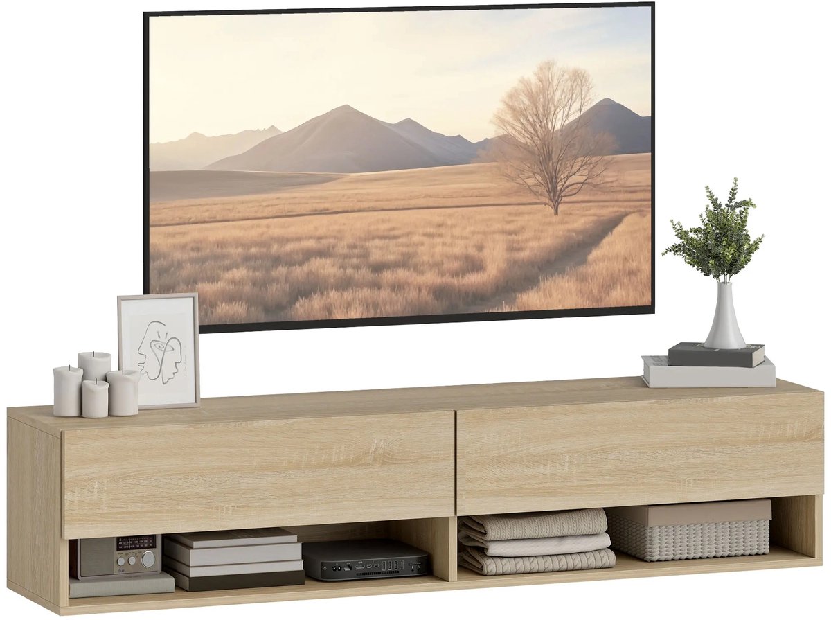 Questyr Hangend TV‑Meubel – 140 cm – 2 Kleppen & 2 Open Vakken – Modern – Natuurlijk Hout – Voor TV’s tot 60 inch lichtrbuin / natuurlijk hout