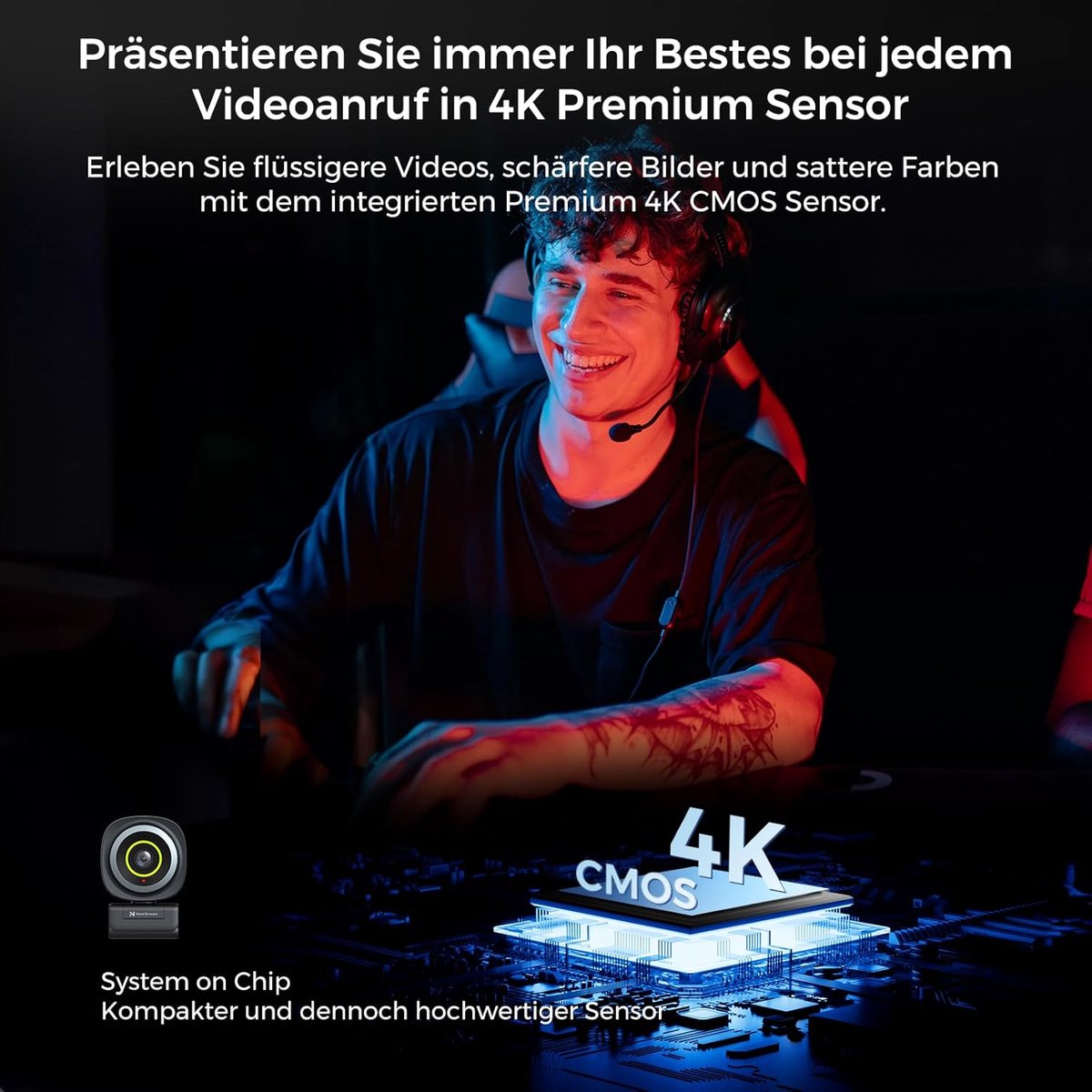 4K Webcam - Computer Camera - Videobellen - Automatische Scherpstelling - 1080p 60FPS - Zwart thumbnail 3