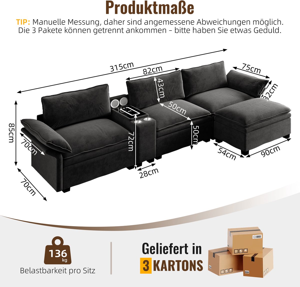 STILVORA Hoekbank 315 Cm - Modulaire 4-Zits Met Opberging, Draadloos Laden En Verlichting