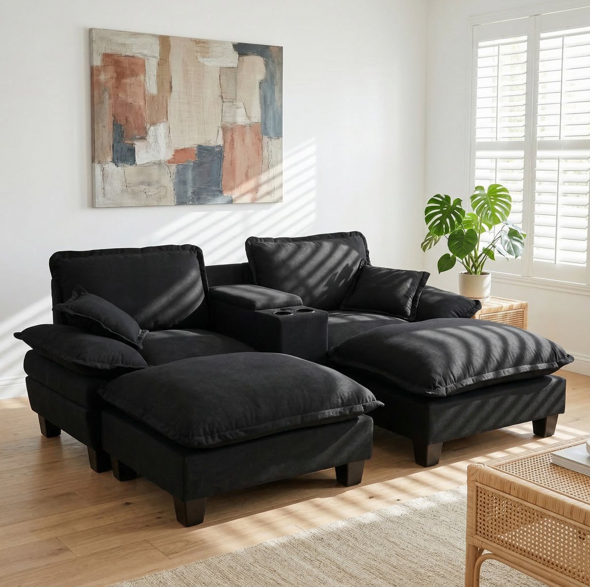 STILVORA Hoekbank 224 x 151 x 90 cm - Met Usb, Opbergruimte En Bekerhouders - Voor Woonkamer En Appartement - Chenille Zwart