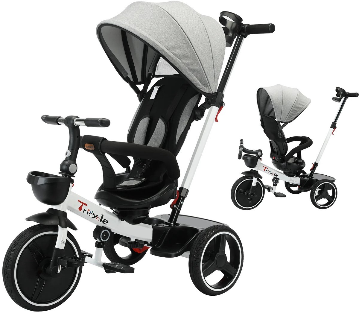 Dailygoods kinderwagen driewieler fietsen, 5-in-1, verstelbare luifel, zitten en liggen, demonteren en monteren van de h