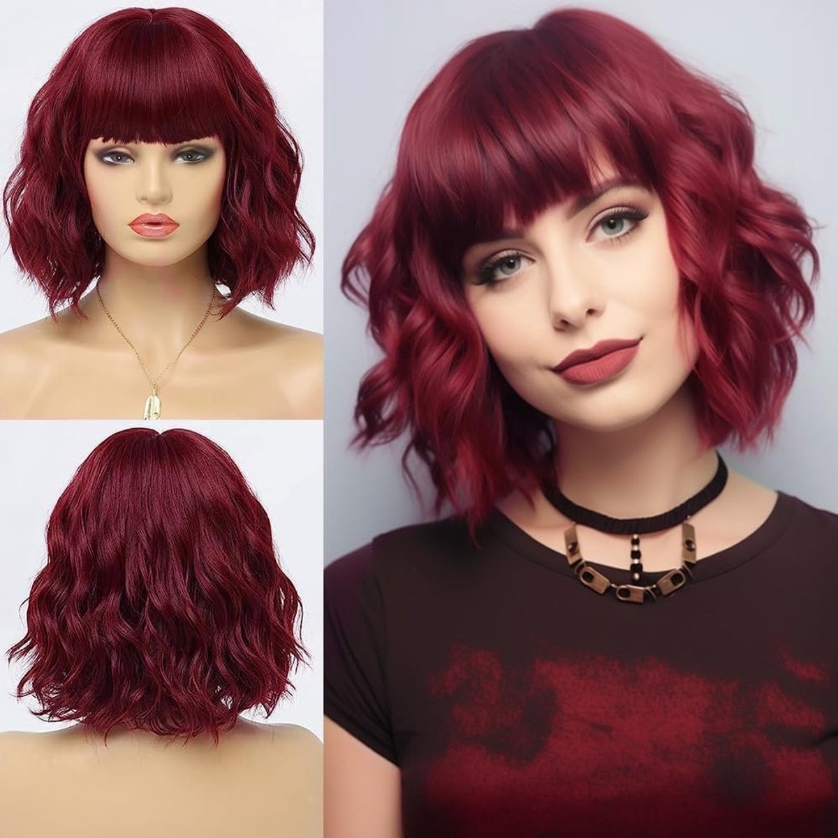 Korte Krullende Pruik voor Dames met Pony in Rood voor Feestjes, Halloween en Cosplay van Synthetisch Haar