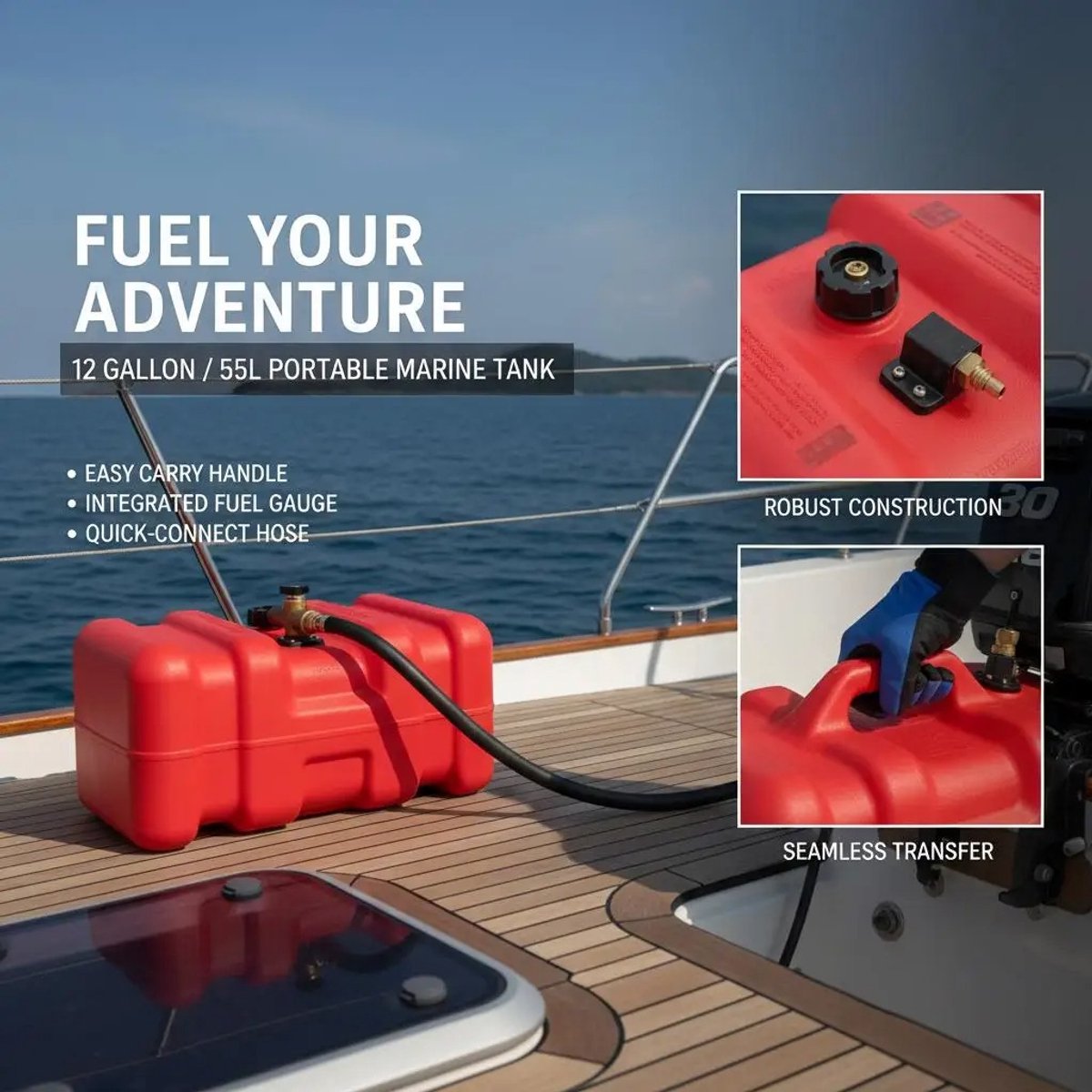 Miryx Brandstoftank 55L - Benzinetank Voor Boot met 3 m Brandstofslang - 63 x 46.5 x 31 cm - Buitenboordmotor - Corrosiebestendig