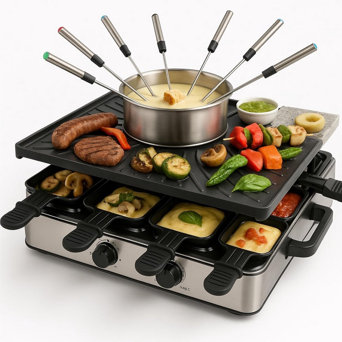 Raclette Fondueset - Tafelgrill Apparaat - Gezellig Tafelen - 8 Personen - Inclusief Pannetjes - Zwart