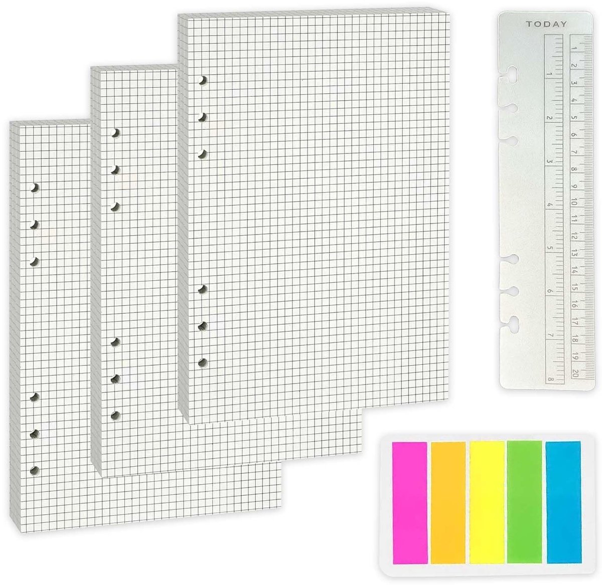 Dailygoods- Navulpapier A5 - Hoogwaardig Gelinieerd - Navulbaar Notitiepapierset - Standaard 6 Gaten Ontwerp - Inclusief Sticky Tabs - Met Cm Liniaal - Notitiepapier