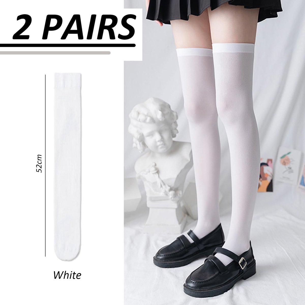 Dailygoods- Overknee-kousen 52 cm - 2 Paar - Wit - Zacht/ademend - Geschikt voor school/feestjes - Duurzaam/polyester - Kniekousen