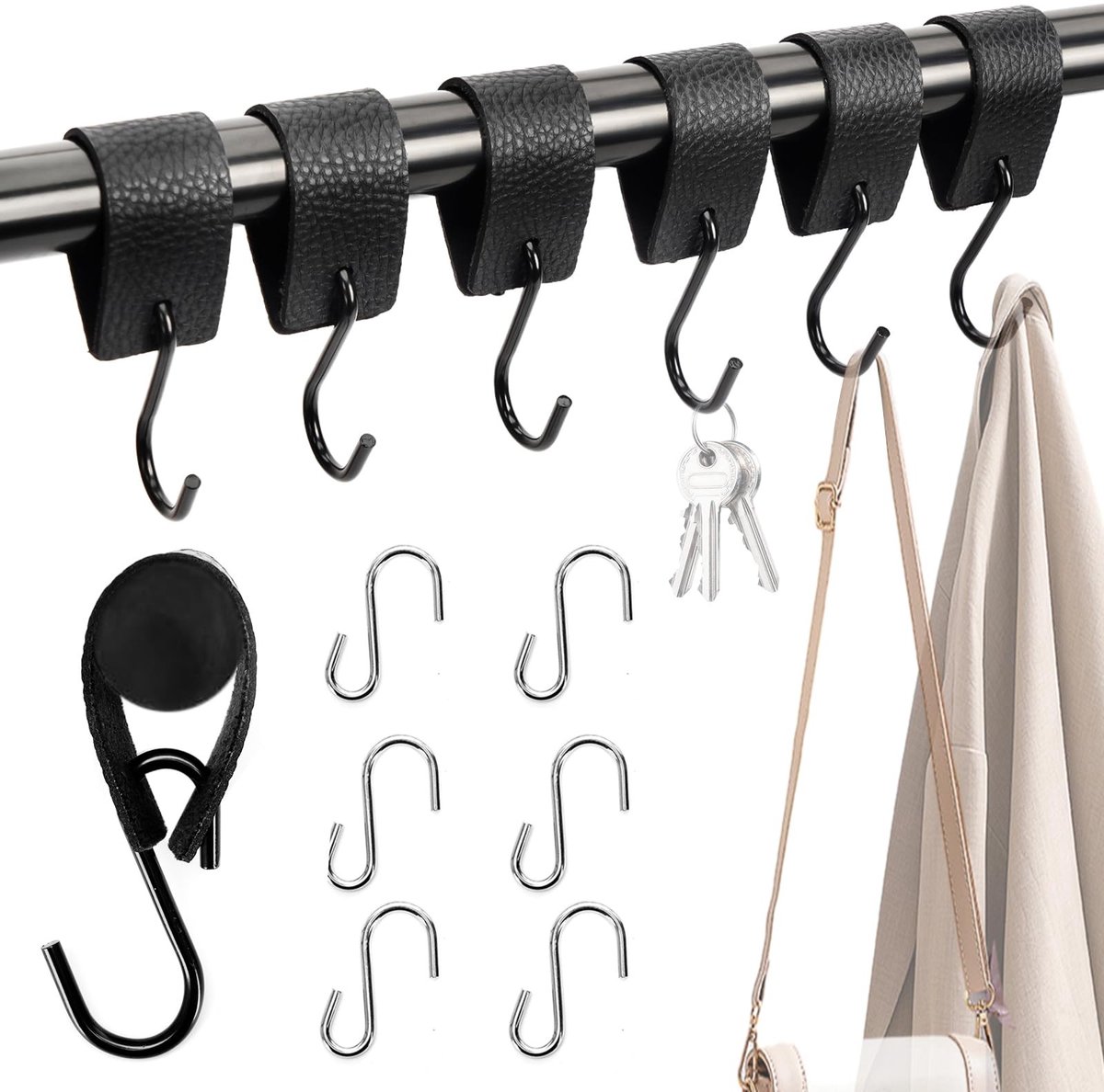 Dailygoods- Haakset 6 Stuks - S-Haak met Leren Lus - Keukenhaak - Badkamerhaak - Kledinghaak - Roestvrij Staal, Waterdicht - Haken