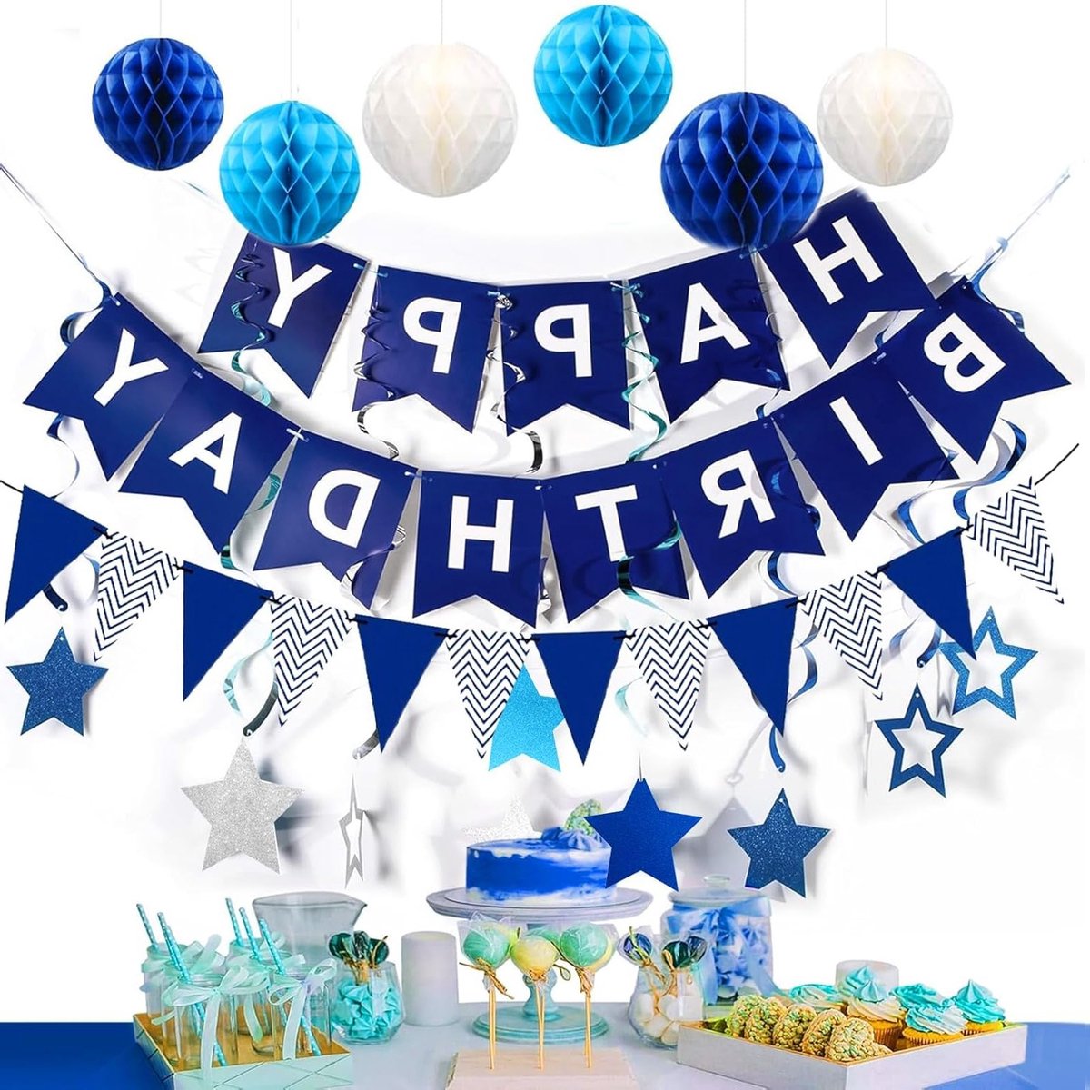 Verjaardagsdecoratieset voor kinderen – herbruikbare feestversieringen – vlaggenlijn, spiraalpendels en honingraatlampionnen voor feestelijke binnen- en buitenevenementen