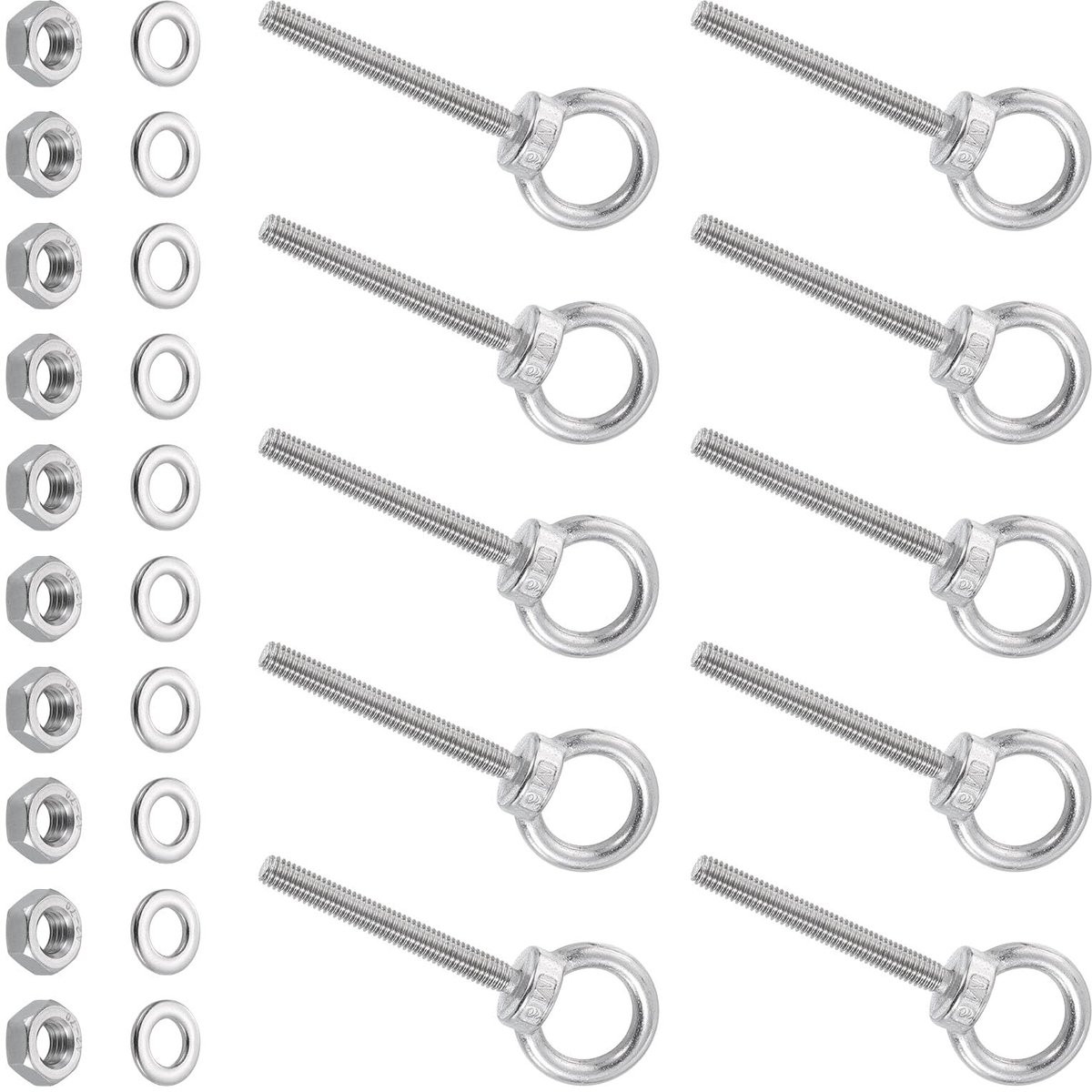 Dailygoods- Oogbouten 10 stuks M6 x 50 mm - Roestvrij Staal - Schroefdraad - Moeren/Ringen - Marine Kwaliteit - Duurzaam en Weerstand tegen Roest