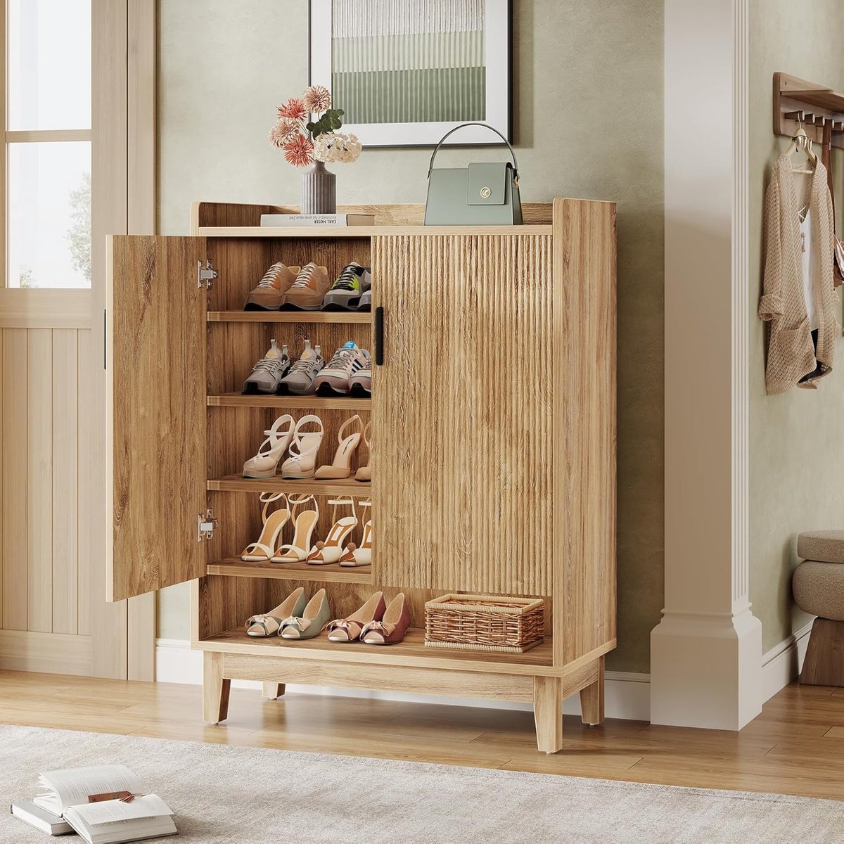 Schoenenkast – House&Garden 2-Deurs Schoenenkast met Verstelbare Planken – Vrijstaande Schoenenopberger 80 cm Breed – Landelijke Stijl Houten Schoenenkast voor Hal, Entree, Gang & Slaapkamer – 18–22 Paar Schoenen – Naturel