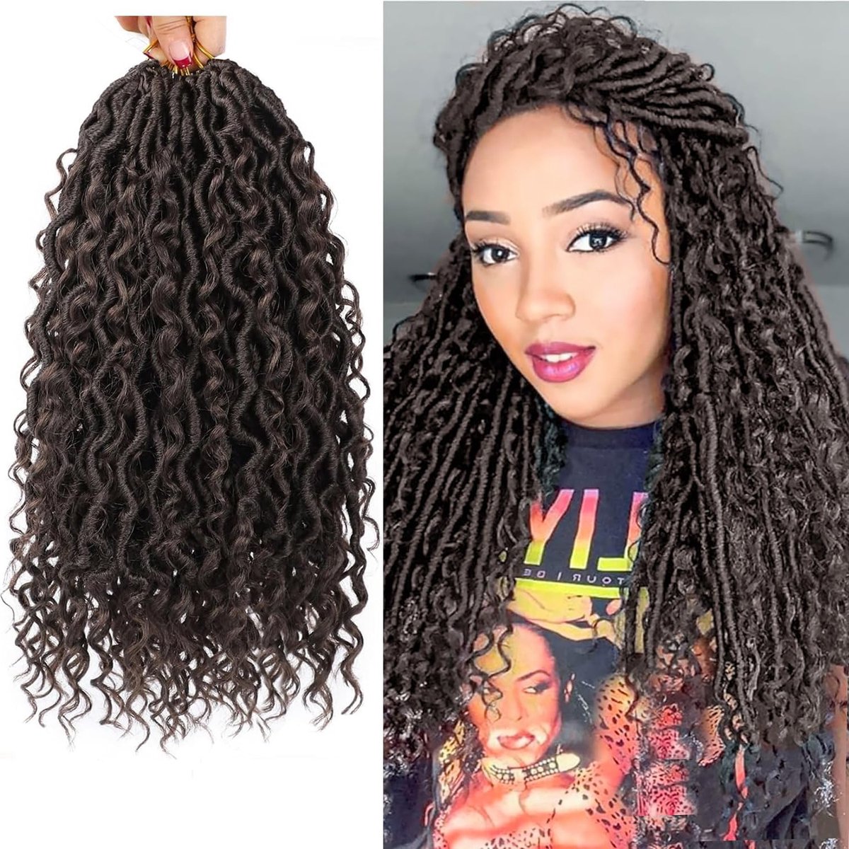 6 Stuks 18 Inch Lange Curly Goddess Locs Haakhaar voor Vrouwen, Donkerbruin Hippie Synthetisch Vlechtwerk