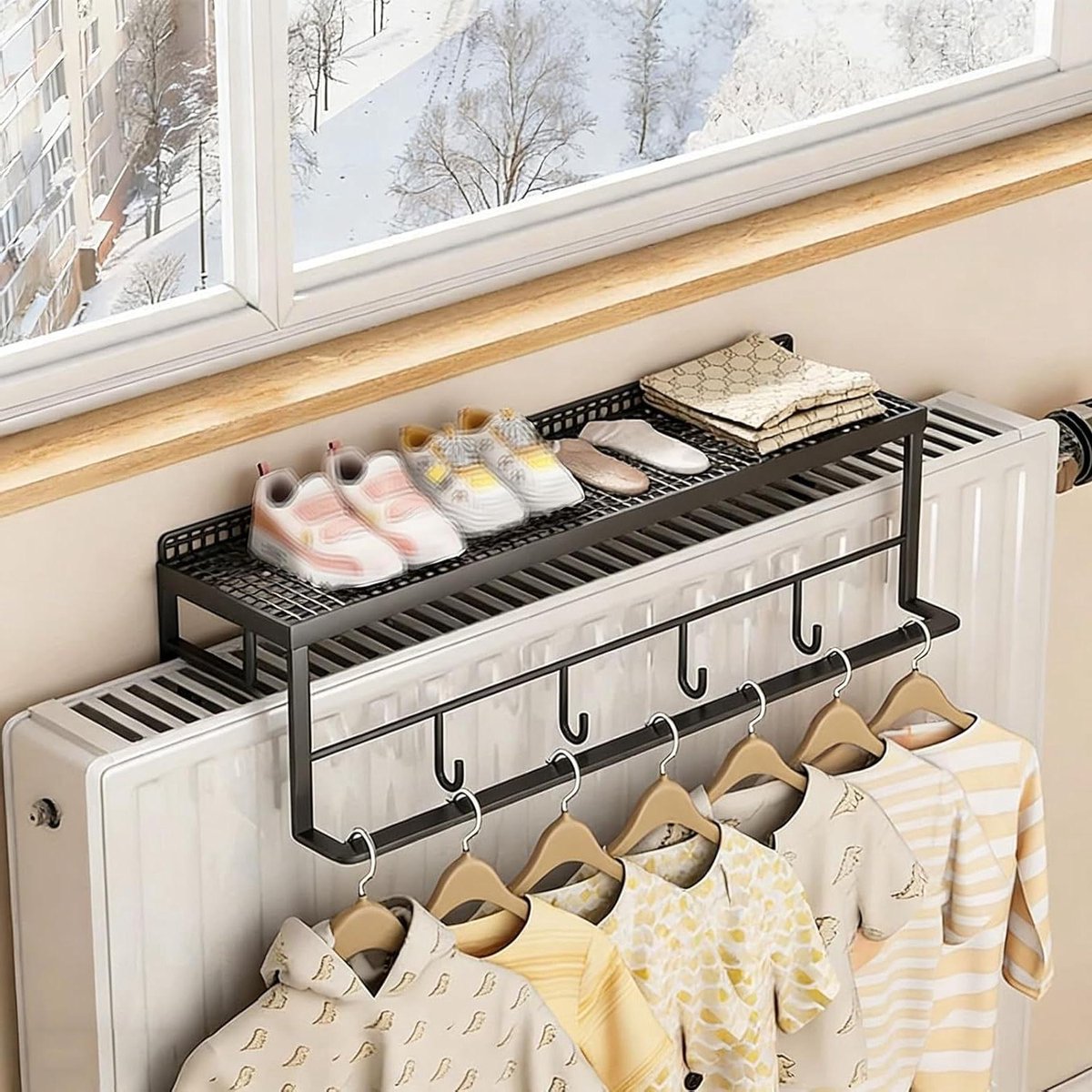 Radiator Plank - Opbergrek - Kleding Drogen - Zonder Boren - 40x14x16cm - Zwart