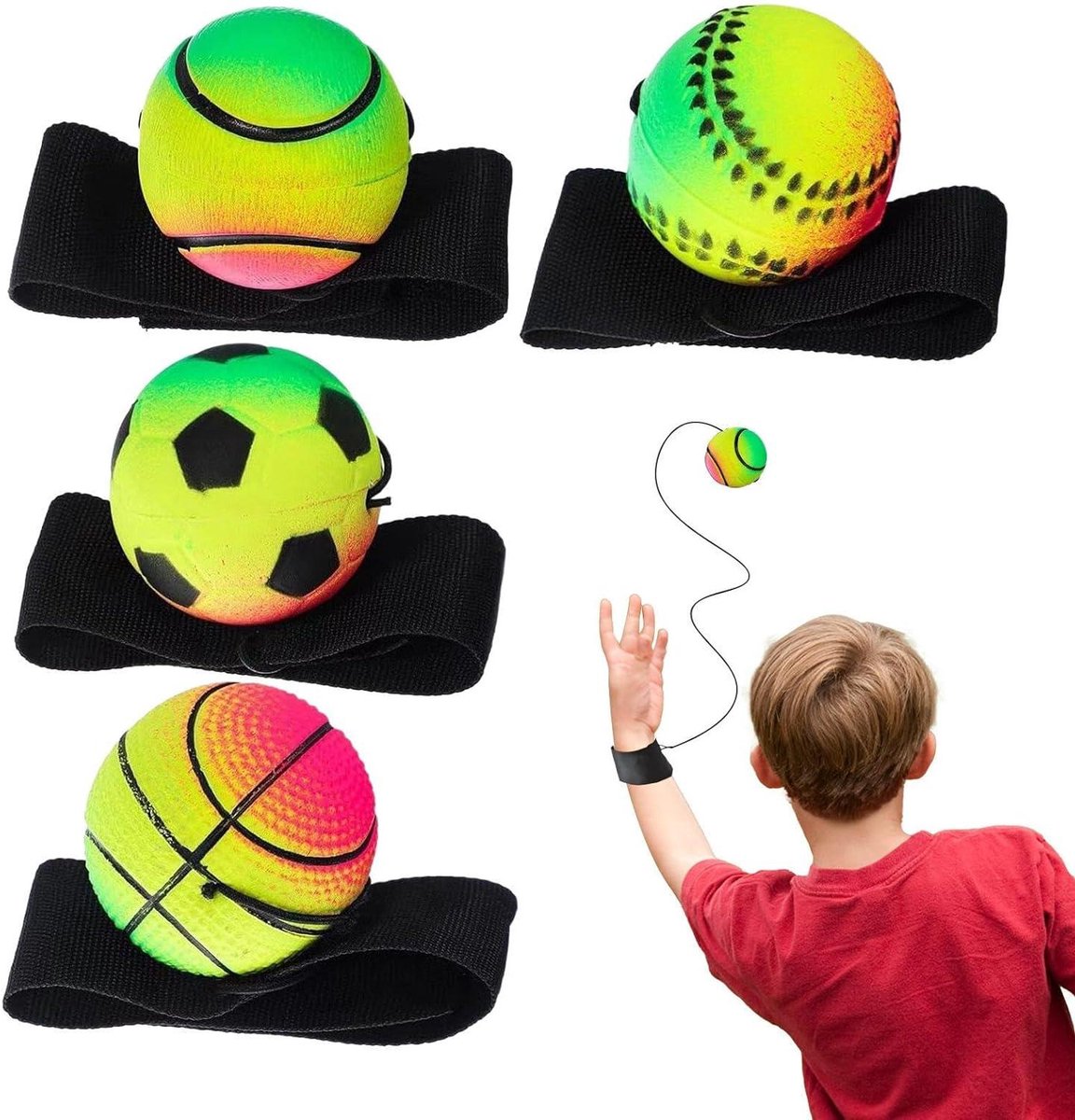 Polsbal met Koord - Reactiebal Fitnessbal - Verbeteren Coördinatie - Set van 4 Stuks - 126 cm Diameter - Multicolor