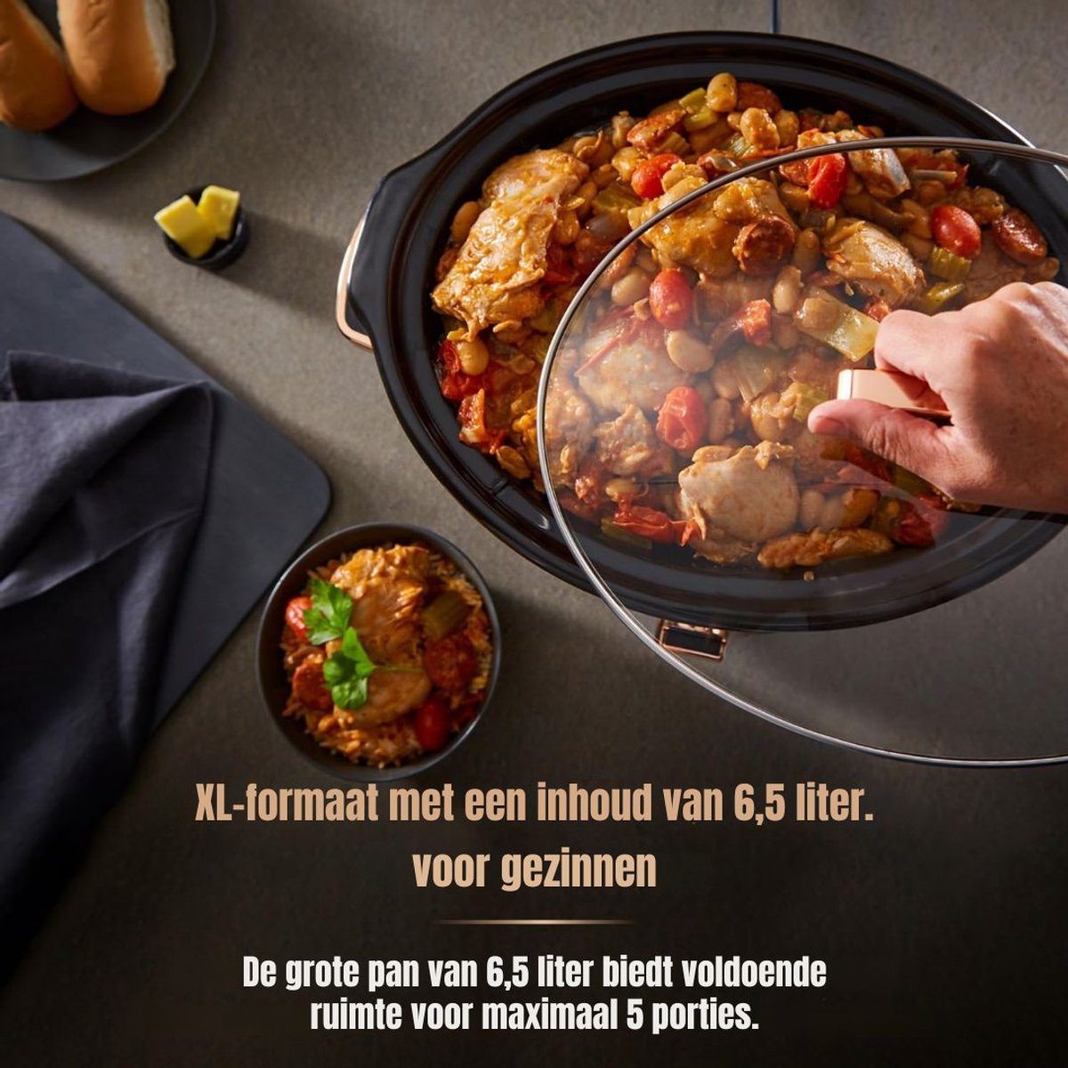 KAD® Slowcooker - Slowcooker Met Timer - Multicooker - Zwart en Roze Goud - 32cm x 41cm x 24cm – foto 4