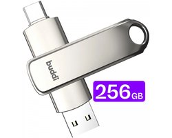 Buddi USB-C Stick 256GB | USB C en USB A | Dual Geheugenstick | USB 3.1 | Plug & Play | Universeel | Geschikt voor smartphones, tablets, PC en meer | Extra opslagruimte | Grijs