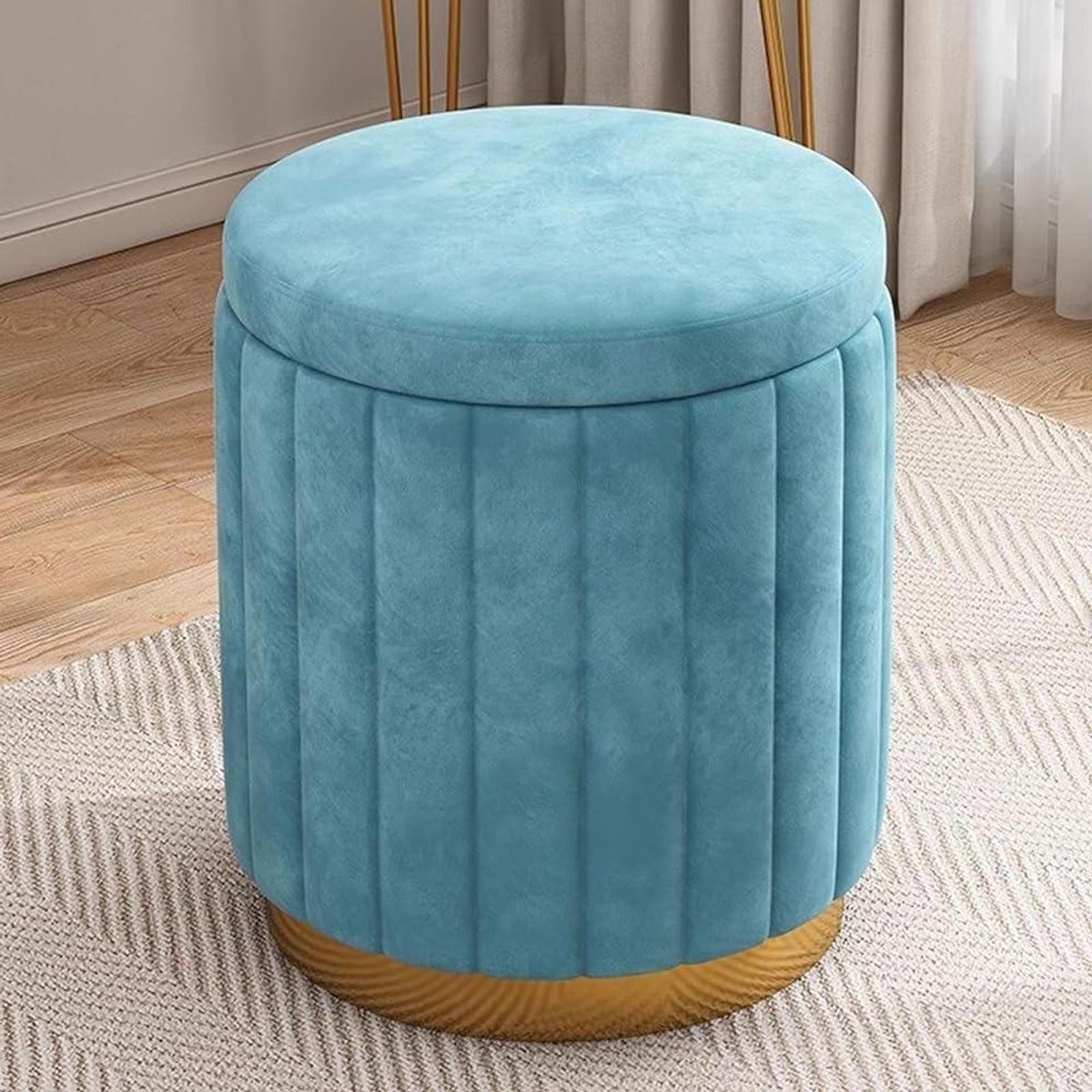 Ronde fluwelen opbergpoef met afneembaar deksel en gouden basis voor woonkamer en slaapkamer voetsteun