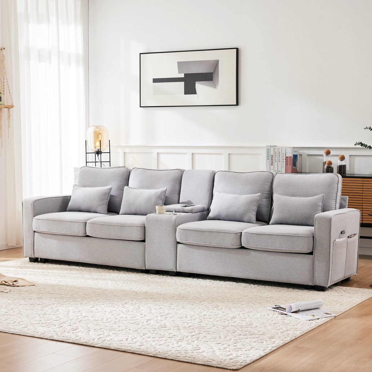 Wishdor - 4-Zits Bank Met Middenconsole, 2 Bekerhouders En 2 USB-Aansluitingen - Moderne Uitvoering Voor Woonkamer Of Kantoor - Linnen - Grijs - 290 X 83 X 88 Cm