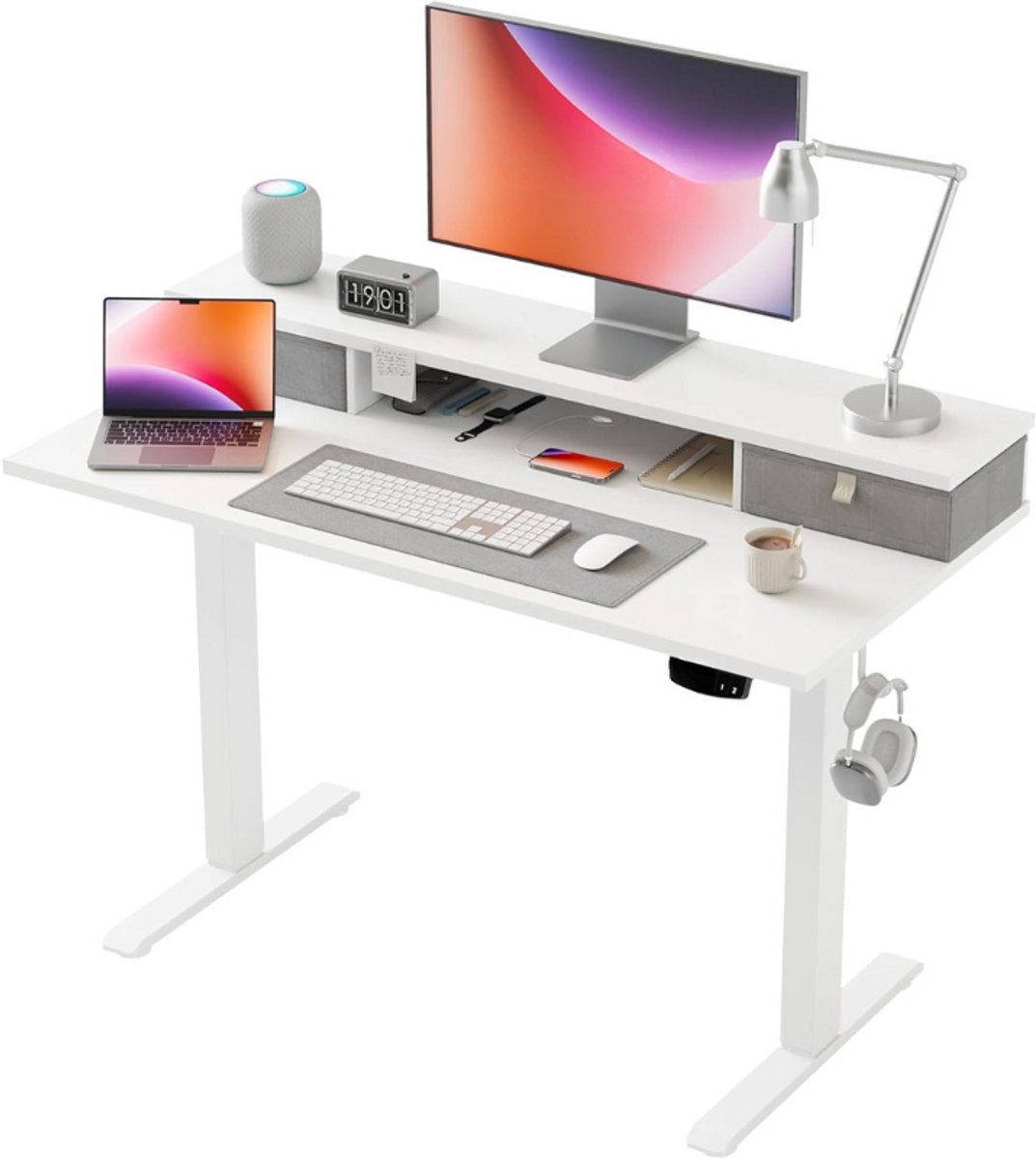 Verstelbaar Bureau Met Elektrische Hoogteverstelling En 2 Lades 100X60Cm Ergonomisch Zit Sta Bureau Computer Bureau Wit