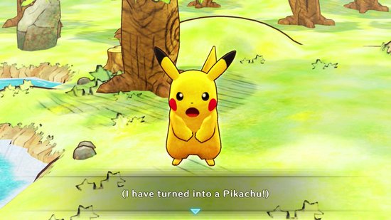 Een geanimeerde Pikachu met een verraste uitdrukking staat op de voorgrond.