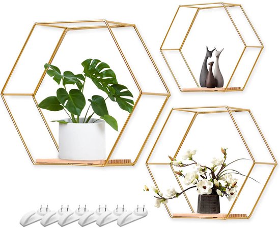 Drie gouden hexagon wandplanken met een plant, twee katjes en bloemen, inclusief haken