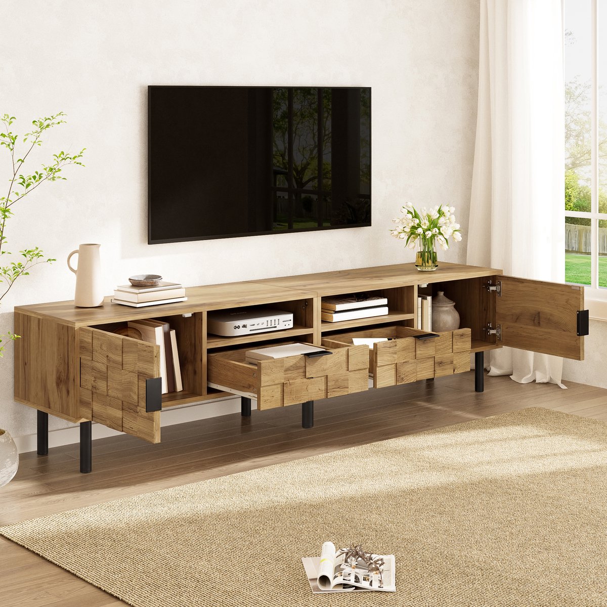Mozaïek tv-meubel - lage tv-kast - met twee lades - multimedia-opbergkast - metalen poten - twee open vakken - houtkleur
