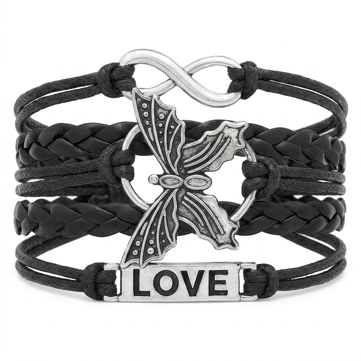 Zwarte Love Armband voor vrouwen met Vlinder en Infinity Symbool – Vlechtarmband met Charms