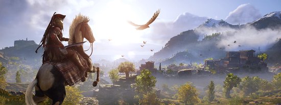 Krijger te paard met helm en rode cape, rijdend door een landschap met bergen, ruïnes en spelende adelaars.