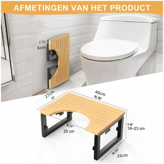 Afmetingen van het bamboe toiletkrukje, met weergave bij een toilet en een uitklapbare weergave met afmetingen.