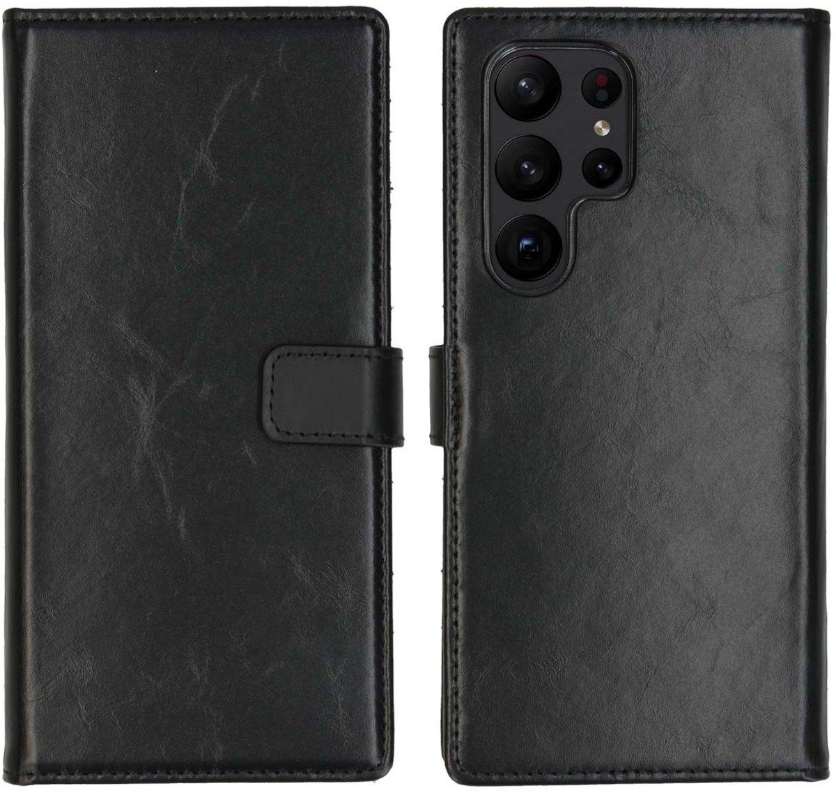 Selencia Hoesje - Geschikt voor Samsung Galaxy S23 Ultra - Echt Lederen Bookcase - Zwart