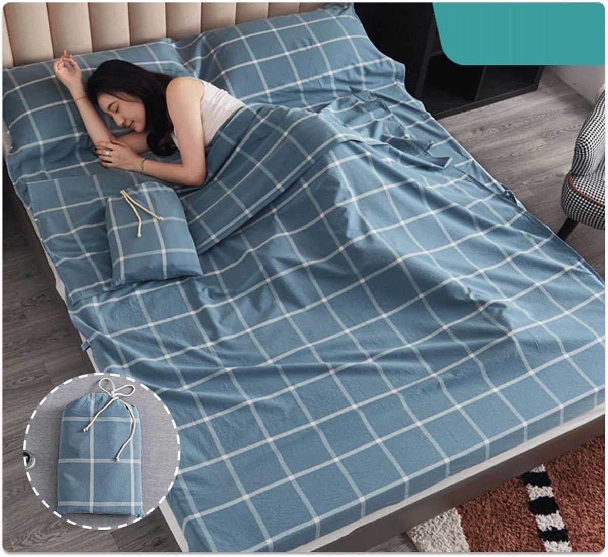 Slaapzak Liner - Reislaken Slaapzak - Reizen Kamperen - 100% Gewassen Katoen - 180x210cm - Blauw