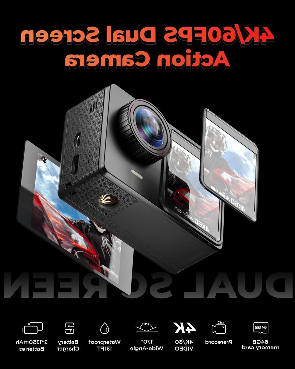 4K Actiecamera - Sportcamera Onderwatercamera - Avontuur Vastleggen - Dubbel Scherm - 24MP 64GB - Zwart