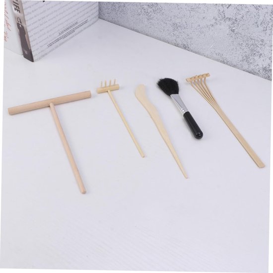 Zen Tuin Gereedschap - Mini Hark Set - Zand Vormen - Japanse Stijl - 5 Delig - Natuurlijk Hout — afbeelding 5