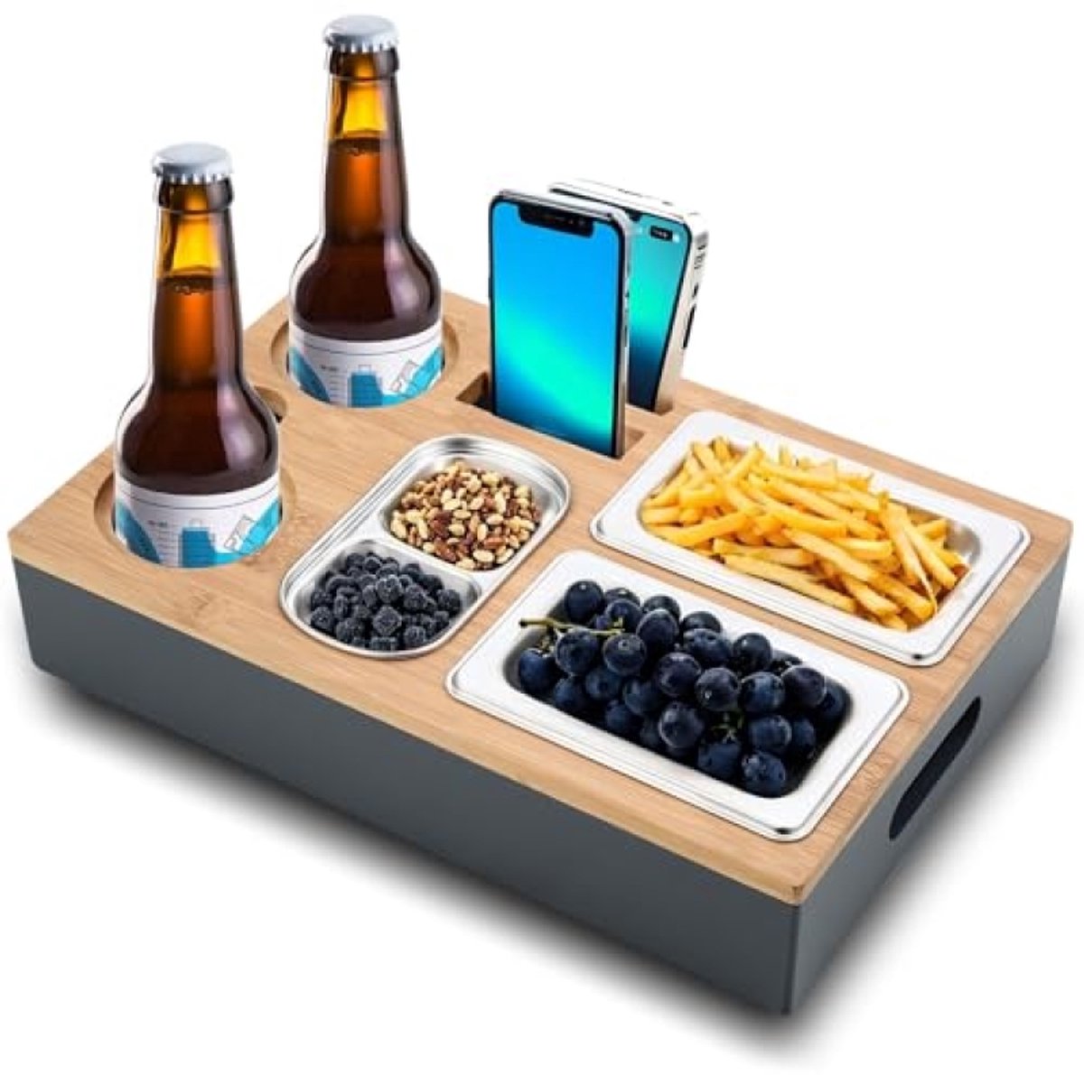 Couchbar snackbox grijs met RVS snackschalen en dienblad - voor bank, tuin, picknick