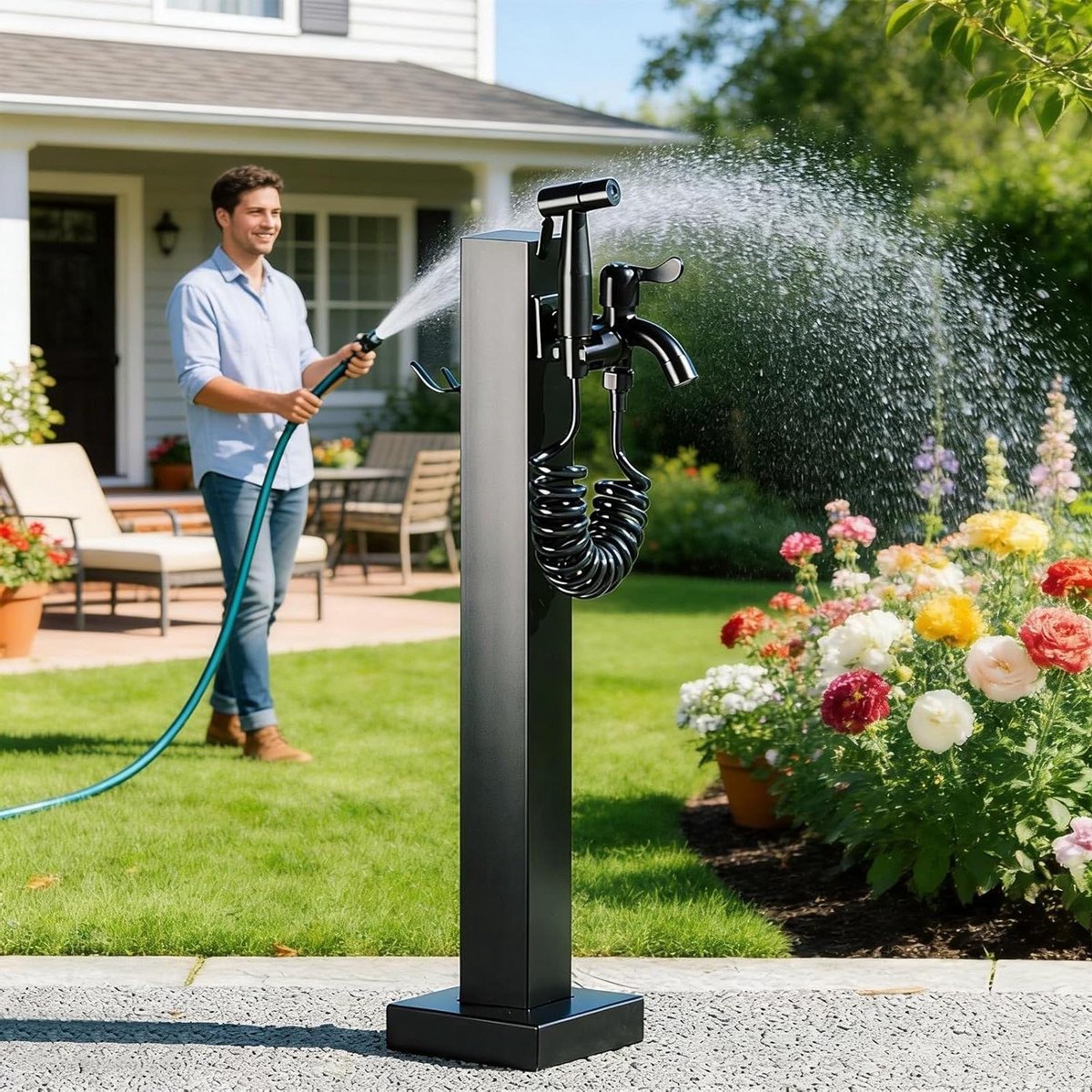 Verticale Tuinwaterkolom - Buitenwaterkraan Gazon - Tuin Besproeien - Geïntegreerde Slanghouder - 60 cm - Zwart
