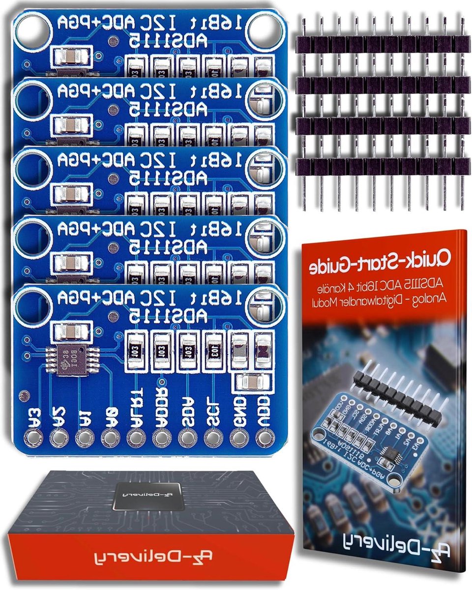AZDelivery 5 x ADC-Module compatibel met ADS1115 16bit 4 Kanalen compatibel met Arduino en Raspberry Pi Inclusief E-Book!