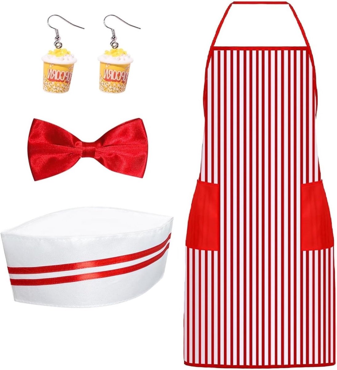 Retro Popcorn Kostuum met Rood-Witte Gestreepte Schort, Hoed, Strik en Popcorn Oorbellen voor Carnaval, Cosplay en Feestjes